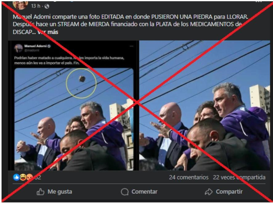 🇦🇷 Usuarios afirman que esta imagen fue editada para agregar una piedra sobre la cabeza del presidente argentino, Javier Milei.  

❌ Pero la foto original es de la AFP y sí muestra el proyectil. Su autor negó que haya sido manipulada.  

➡️ u.afp.com/PiedraMilei 

#ReversoAR