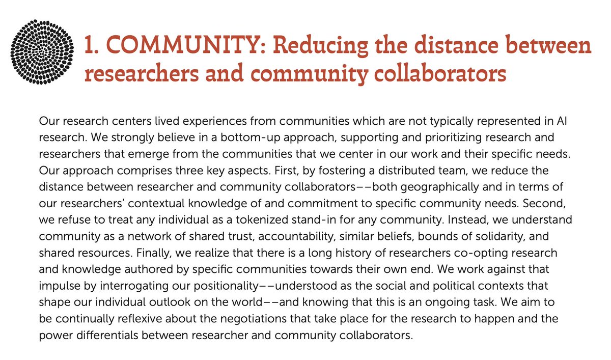 “Our research centers lived experiences from communities [...] not typically represented in AI research. We [...] believe in a bottom-up approach, supporting &amp; prioritizing research &amp; researchers that emerge from the communities that we center [...] &amp; their specific needs.”