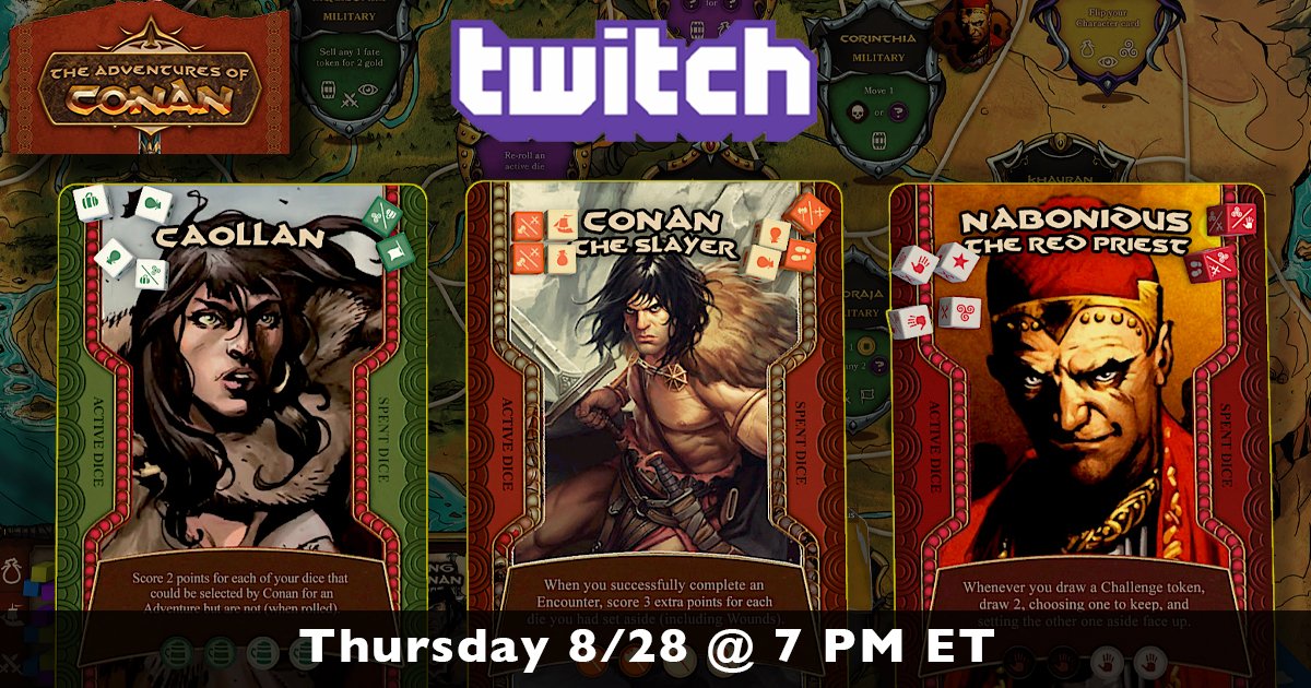 Conan takes on Nabonidus and Caollan at 7 PM ET.
Learn how to master The Adventures of Conan from the creator, Jack Reda. Streaming on the Future Pastimes Twitch channel. 8/28 7 PM ET. bit.ly/TwitchFP  #bgg #conan #boardgames
