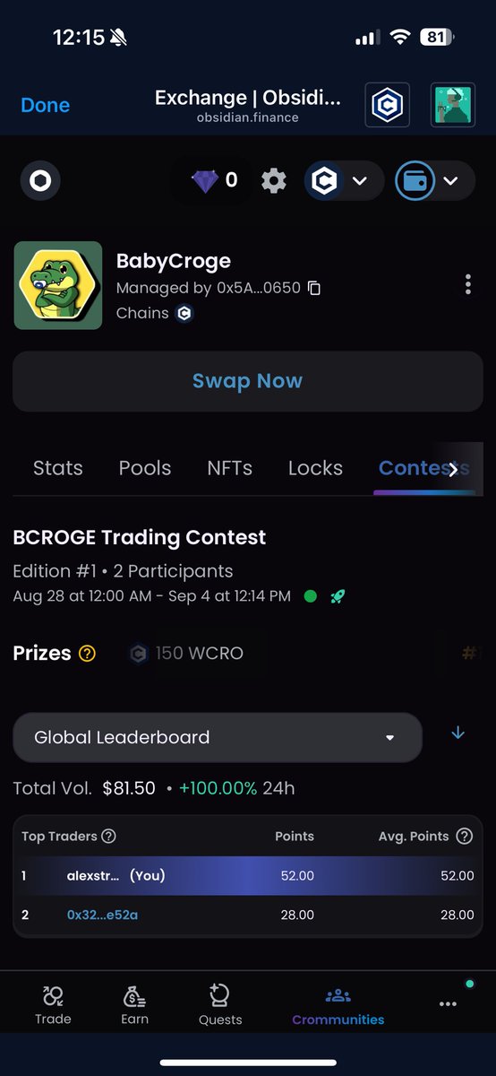 Just set up a crommunity on <a href="/ObsidianSwap/">ObsidianSwap | SWAP. CLAIM. WIN!!</a> !!

And while I was at it started a cheeky little 150 CRO contest for the next week🐊

Looking forward to hearing from the team there soon!

Happy trading :) #crofam