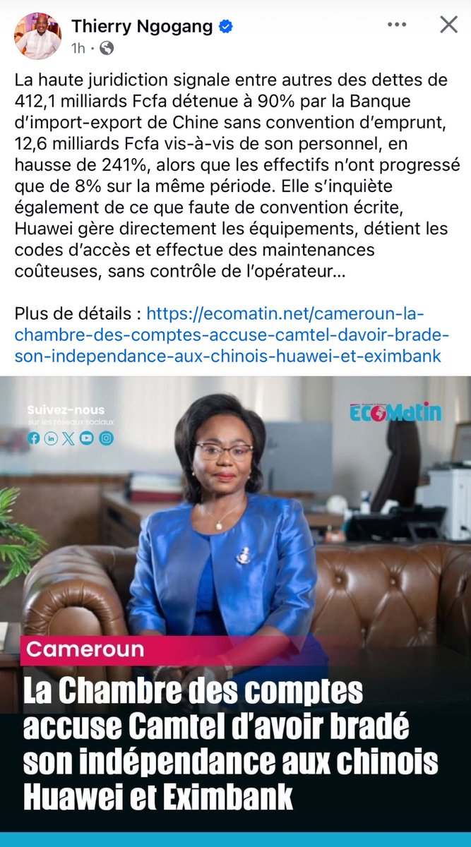 Camtel owes 412 Billion CFA to China and doesn’t have a loan agreement. 

And Huawei manages the equipment directly, holds all the access codes, is in charge of the maintenance, and charges what it wants since there is no contract. 

But we don’t want Starlink because we want to