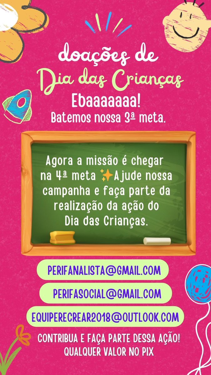 Conseguimos bater nossa 3ª meta! Obrigado! Agora vamos para a 4ª! Estamos quase perto de chegar num valor ideal pra realizar nossa tarde de recreação. 
Ajude! Compartilhe! doe! 

Pix: perifanalista@gmail.com