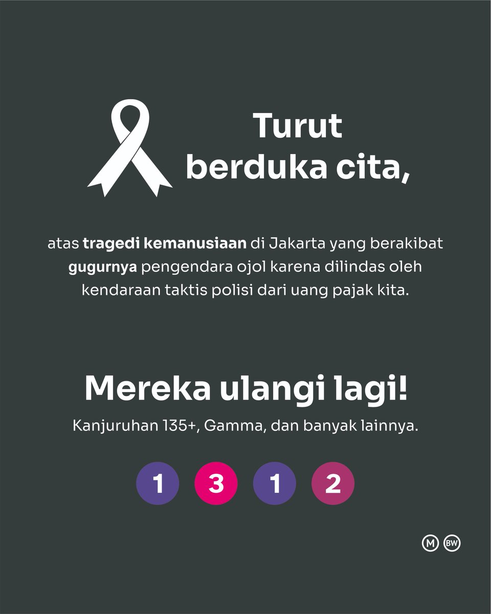 Kami turut berduka atas tragedi kemanusiaan yang dilakuin APH dengan uang pajak kita yang ngelindas pejuang rupiah di bidang transport.
Korban Kanjuruhan, Gamma, dan lainnya seharusnya masih punya masa depan tapi direnggut sama kebodohan ini.
 
KOK DIBALENI MANEH?! #1312