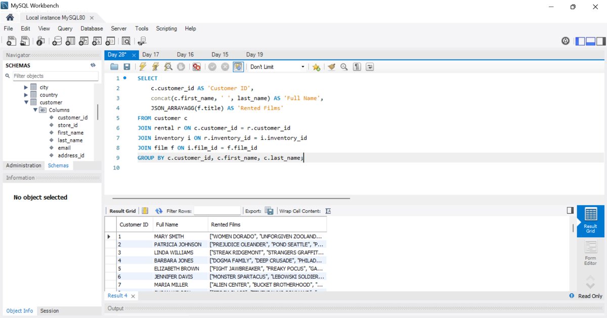 o_fimijoba's tweet photo. Day 28 of #30DaysOfSQL
Today I worked with JSON functions in SQL.
This is perfect for APIs & modern applications.
Task: Generate a JSON array of all films rented by each customer
#SQL #30DaysOfSQL #DataEngineering #datafam #buildinpublic #TechTwitter https://t.co/WnMeS4S9RH