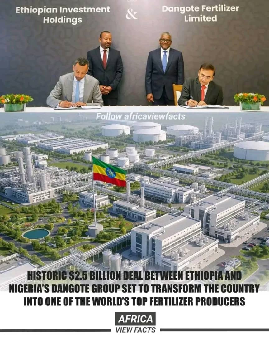 ETEmbassyKLA's tweet photo. Ethiopia has signed a historic $2.5B investment deal with Nigeria’s Dangote Group. The landmark partnership is set to transform Ethiopia into one of the world’s top fertilizer producers, boosting agriculture, creating jobs &amp; driving sustainable growth.@MFAEthiopia @UgandaMFA https://t.co/rCycjC5kma