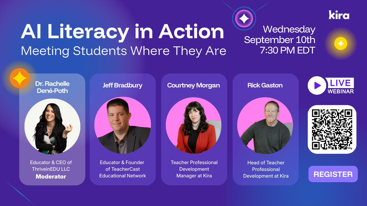 Kira (@kira_learning) on Twitter photo We’re excited to join this panel on AI literacy in education on Sept 10 with <a href="/Rdene915/">Dr. RACHELLE DENÉ POTH |ThriveinEDU #AI #AIinEDU</a> & <a href="/AskTheTechCoach/">Jeff Bradbury (TeacherCast)</a> <a href="/TeacherCast/">Jeffrey Bradbury</a>!
→ Hear different perspectives on safe, impactful AI use
→ Explore Kira’s #AI resources for teachers & students
→ Share your questions and ideas about using We’re excited to join this panel on AI literacy in education on Sept 10 with <a href="/Rdene915/">Dr. RACHELLE DENÉ POTH |ThriveinEDU #AI #AIinEDU</a> & <a href="/AskTheTechCoach/">Jeff Bradbury (TeacherCast)</a> <a href="/TeacherCast/">Jeffrey Bradbury</a>!
→ Hear different perspectives on safe, impactful AI use
→ Explore Kira’s #AI resources for teachers & students
→ Share your questions and ideas about using