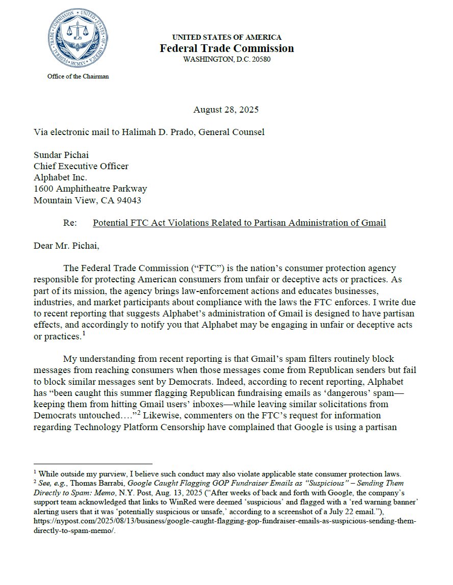 AFergusonFTC's tweet image. Today I sent a letter to Sundar Pichai, CEO of Google’s parent company, informing him that such blatantly partisan tactics could violate the FTC Act&apos;s prohibition on unfair or deceptive trade practices. If this is happening and Google doesn&apos;t put a stop to it, the Trump-Vance…