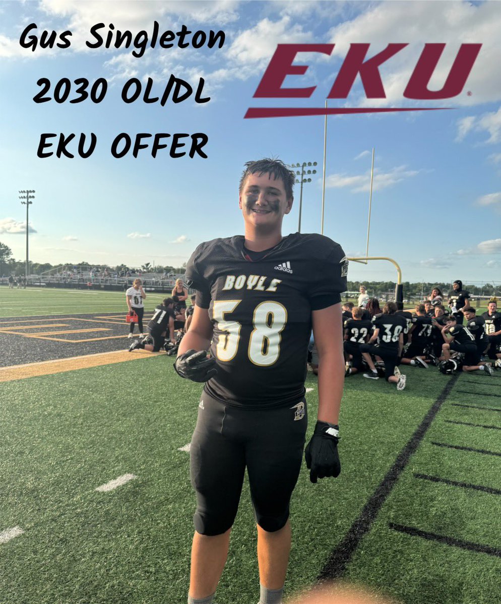 GusSingleton's tweet photo. Blessed to receive my 1st D1 offer! #firethecannons #RollKerns @EKUFootball @coacharichman @BCRebelFootball @CoachHaddix11 @coach_singleton https://t.co/OzVzeM4nU1