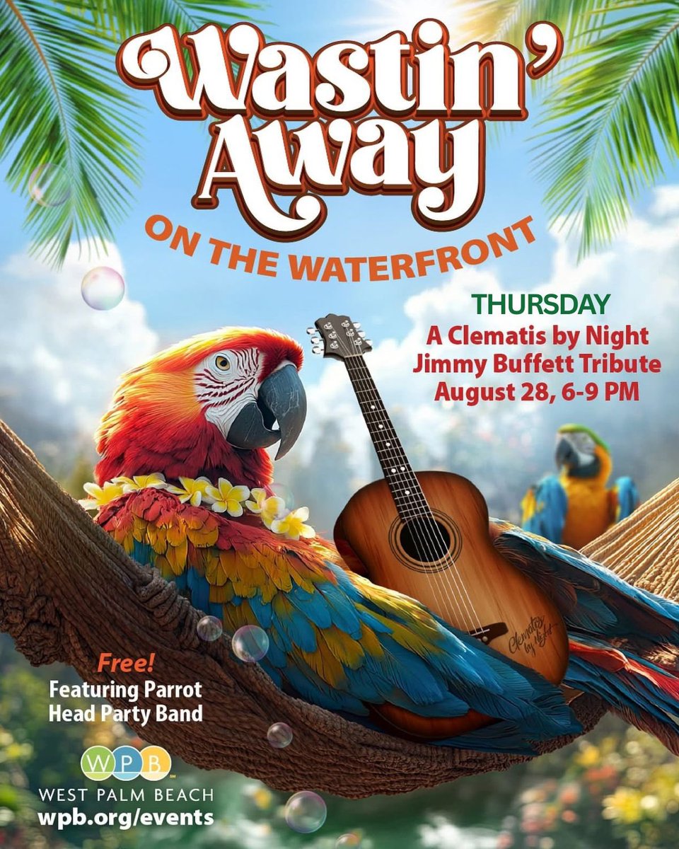 Join us tonight here on #waterfrontwpb from 6-9 PM! 
FREE burgers for the first 100 attendees, margarita flights, food vendors, Limbo and Trivia contests, and more! 🌴🌺🍹