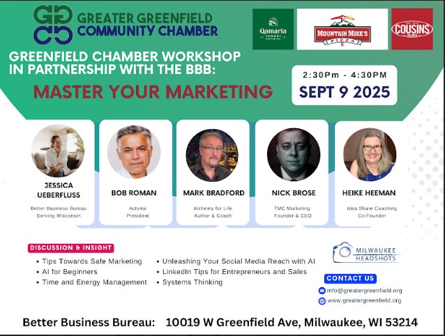 Bob Roman (@bobromanbv2025) on Twitter photo Ready to mine AI gold for your business? Marketing workshop Sept 9! Join me 2:30-4:30pm at BBB Milwaukee for safe AI marketing strategies that actually work. Register: info@greenfieldchamber.org
#AIMarketing #Milwaukee #SmallBusiness #Entrepreneurs #AI #Marketing #Workshop Ready to mine AI gold for your business? Marketing workshop Sept 9! Join me 2:30-4:30pm at BBB Milwaukee for safe AI marketing strategies that actually work. Register: info@greenfieldchamber.org
#AIMarketing #Milwaukee #SmallBusiness #Entrepreneurs #AI #Marketing #Workshop