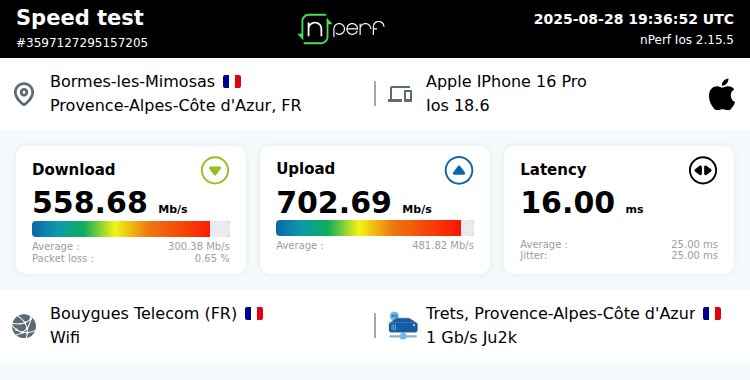 TechAndapp_fr's tweet image. ↓558680 kb/s ↑702690 kb/s, ⇄ 17 ms / Wifi:Bouygues Telecom / #appleiphone16pro / #nPerf v2.15.5 /