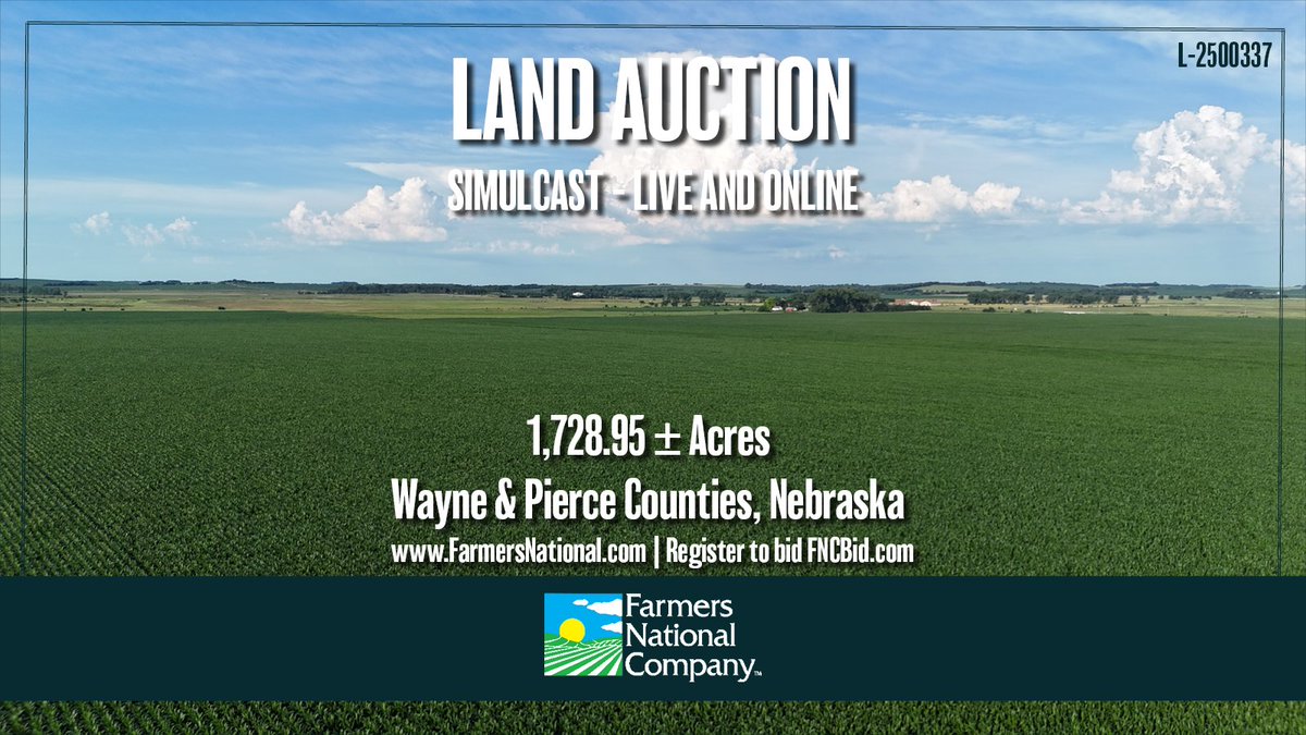 FarmersNational's tweet photo. #Land Auction!
Simulcast auction - live and online.
1728.95 acres in Wayne & Pierce Counties, #Nebraska.
Offered in ELEVEN individual #tracts! Primarily center pivot #irrigated #farms. Full possession for 2026.
🔗https://t.co/Zk3fVdITUr https://t.co/MwPHOqV2BT