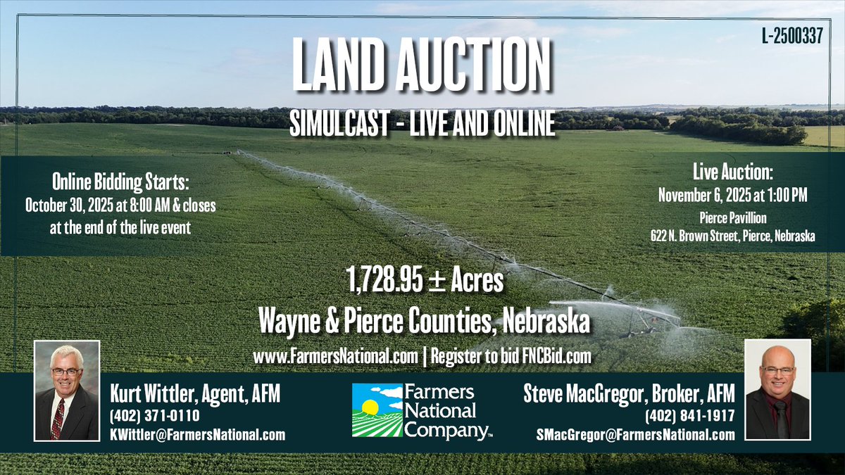 FarmersNational's tweet photo. #Land Auction!
Simulcast auction - live and online.
1728.95 acres in Wayne & Pierce Counties, #Nebraska.
Offered in ELEVEN individual #tracts! Primarily center pivot #irrigated #farms. Full possession for 2026.
🔗https://t.co/Zk3fVdITUr https://t.co/MwPHOqV2BT