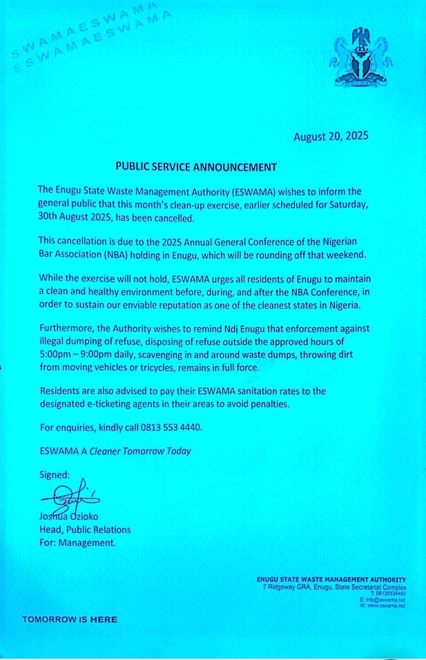eswama1's tweet photo. Public service announcement!!!
Ndi Enugu, Our 30th August sanitation has been cancelled.
Read press release for more information.
#Eswama #tomorrowIshere https://t.co/9MVhBlTlaA