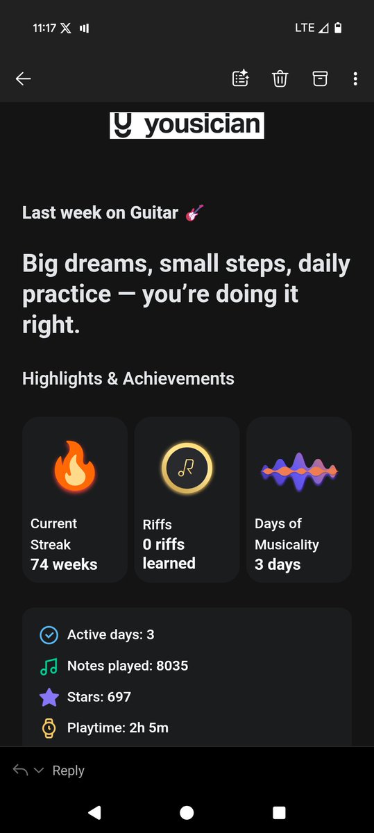 Here is my Yousician app activity report from last week.  #music #musicaljourney #musicindustry #musicianlife #guitarplayer #guitar