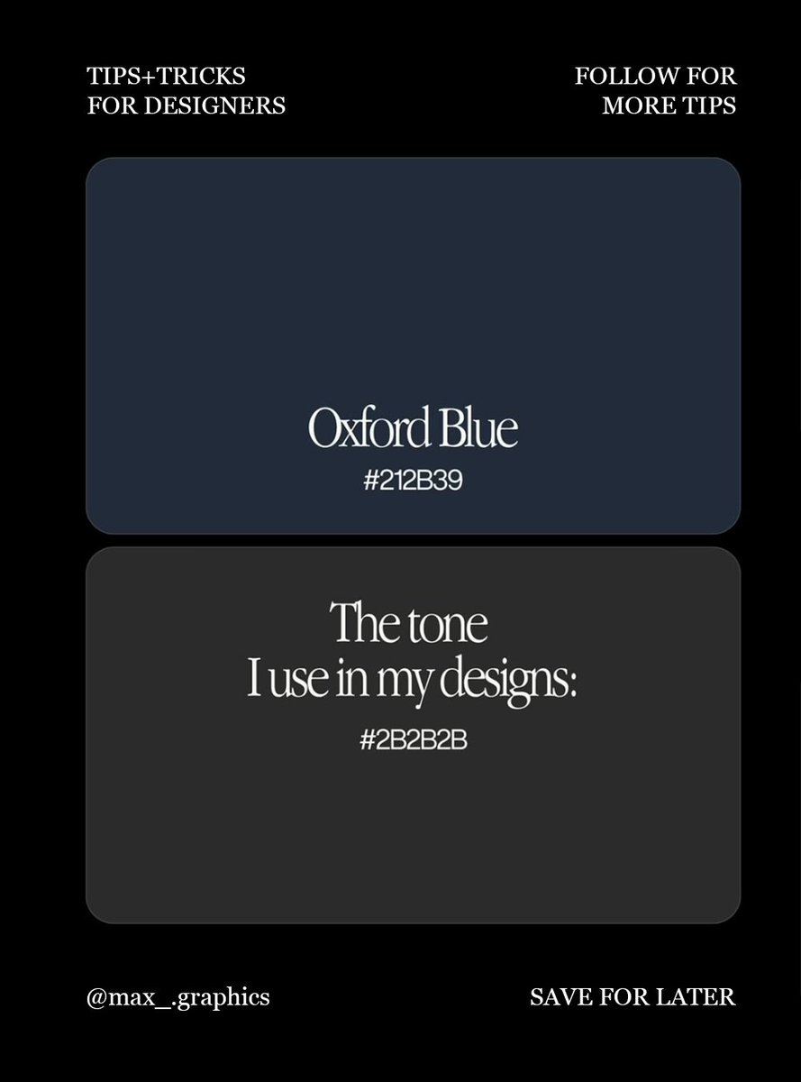maxgraphdesign's tweet image. Designers, it’s time to break up with plain #000000… 
Meet its elegant cousins → deep blacks with way more personality ✨

Still black, still chic, but sooo much smoother on the eyes 👀
Perfect for that polished, professional aesthetic.

to commission 👉 link in bio!
