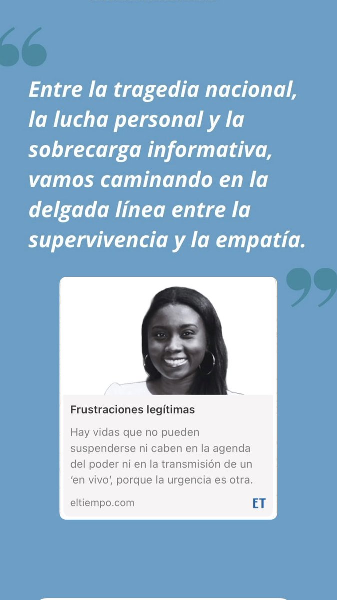 Mi columna de esta semana en <a href="/ELTIEMPO/">EL TIEMPO</a> 

📍Frustraciones Legítimas 

“En medio del ruido ensordecedor de la hiperconexión, seguimos divididos por prioridades que, aunque se encuentren en el mismo paisaje social, no siempre conversan entre sí. Entre la tragedia nacional, la lucha