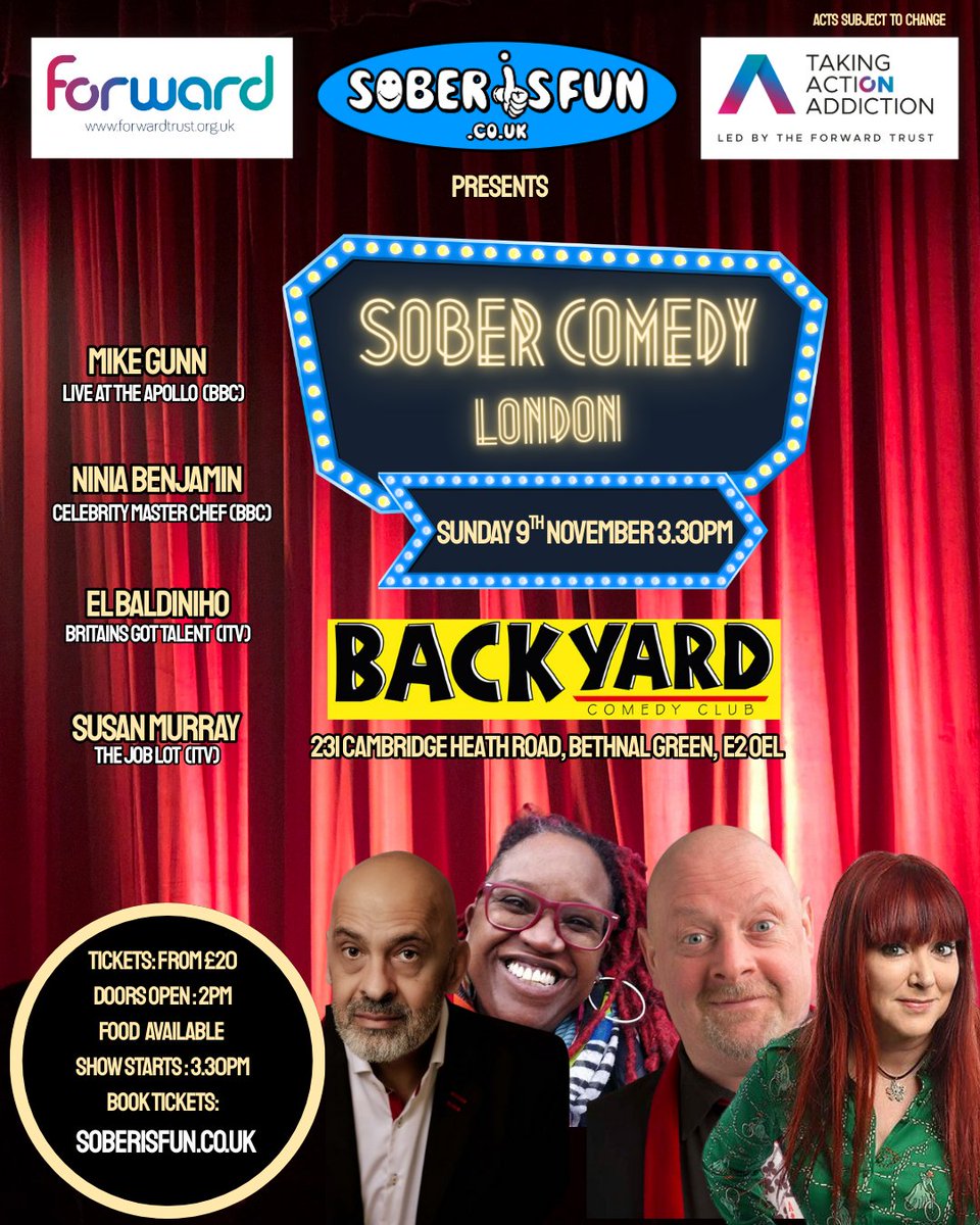Sober IS Fun (@fun_sober) on Twitter photo 🔊London Calling... We are back <a href="/Backyard_Comedy/">Backyard Comedy Club</a>
Supporting <a href="/ActionAddiction/">Taking Action on Addiction</a> <a href="/ForwardTrust/">The Forward Trust</a> ♥️
<a href="/NiniaBenjaminFC/">Ninia's Fan Club</a>
<a href="/ThatSusanMurray/">Susan Murray</a>
<a href="/magicbaldy/">El Baldiniho</a>
<a href="/MikeGunn1/">Mike Gunn.</a>
🎟️ Book Tickets via link in bio
#sobercomedy #soberevents #soberlondon #standupcomedy #alcoholfree #londoncomedy #afevents 🔊London Calling... We are back <a href="/Backyard_Comedy/">Backyard Comedy Club</a>
Supporting <a href="/ActionAddiction/">Taking Action on Addiction</a> <a href="/ForwardTrust/">The Forward Trust</a> ♥️
<a href="/NiniaBenjaminFC/">Ninia's Fan Club</a>
<a href="/ThatSusanMurray/">Susan Murray</a>
<a href="/magicbaldy/">El Baldiniho</a>
<a href="/MikeGunn1/">Mike Gunn.</a>
🎟️ Book Tickets via link in bio
#sobercomedy #soberevents #soberlondon #standupcomedy #alcoholfree #londoncomedy #afevents