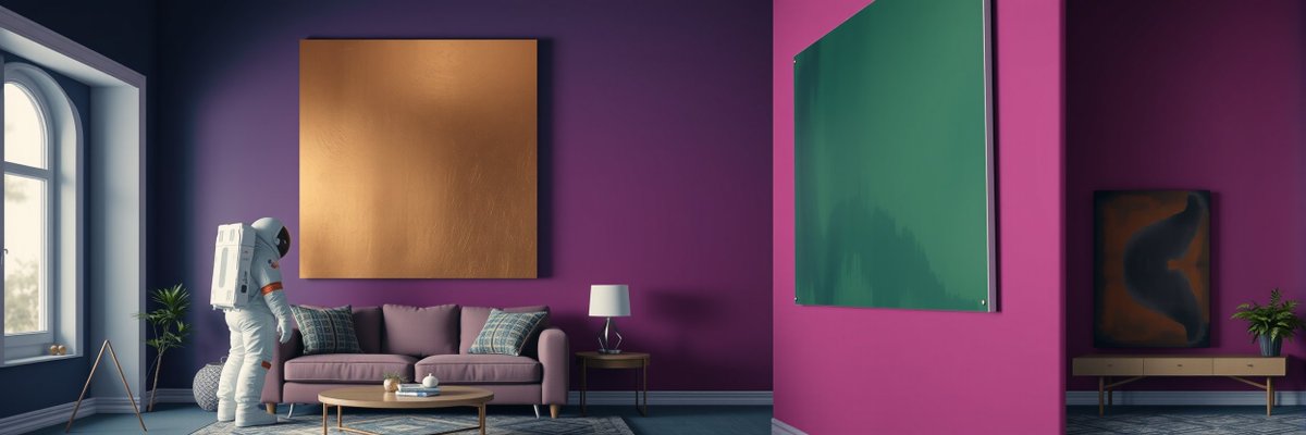 Surreal image of an astronaut in a vibrant purple living room admiring abstract art, symbolizing peak internet culture