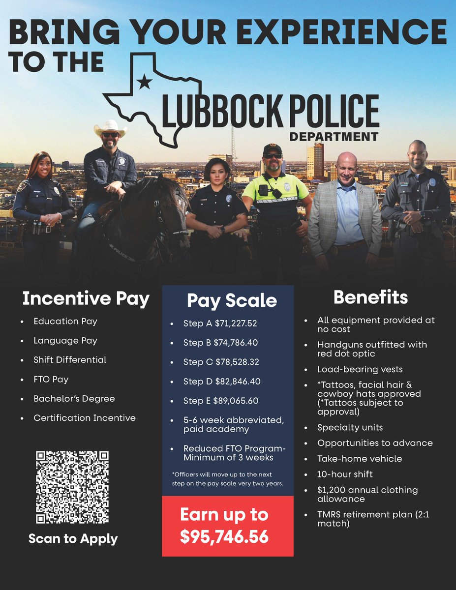 🚨🚔***LATERAL TRANSFERS***🚔🚨

Are you a current officer who wants to bring their experience to the Lubbock Police Department?

Experienced officers can apply to join LPD through our lateral transfer program!

The entrance exam is Saturday, September 27, 2025!

To apply, scan