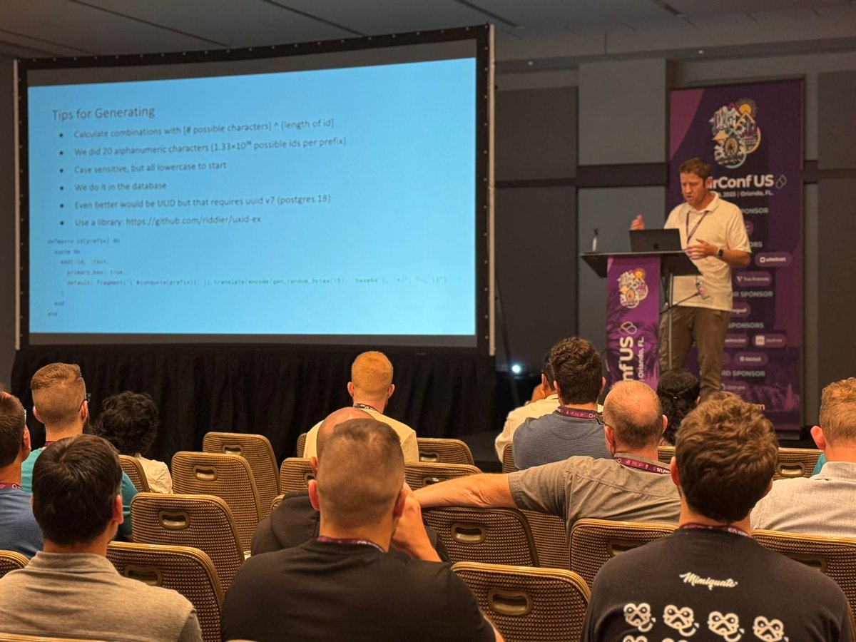 ElixirConf's tweet image. 🧠 user_12345abc = %User{id: &quot;user_12345abc&quot;}
Pattern match by prefix, map to schemas, auto-link everywhere
@atomkirk shows how UXIDs make Elixir apps significantly cleaner. #ElixirConfUS