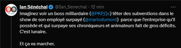 On dirait Catherine Dorion qui parle.

L'enjeux n'est pas TVA, il se fait le porte étendard des médias privés et évidemment de sa boîte.

La question est, est-ce qu'on veut réellement que Radio-Canada soit le seul média au Québec ? Est-ce que Radio-Canada joue réellement le rôle