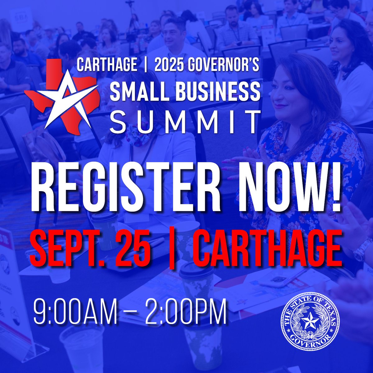 East Texas 👋

Join us at the Governor’s #SmallBusinessSummit — Carthage!

Take your business to new heights by tuning into informative panels on critical business topics and connecting with resource providers on the local, state and federal level. You won’t want to miss it!