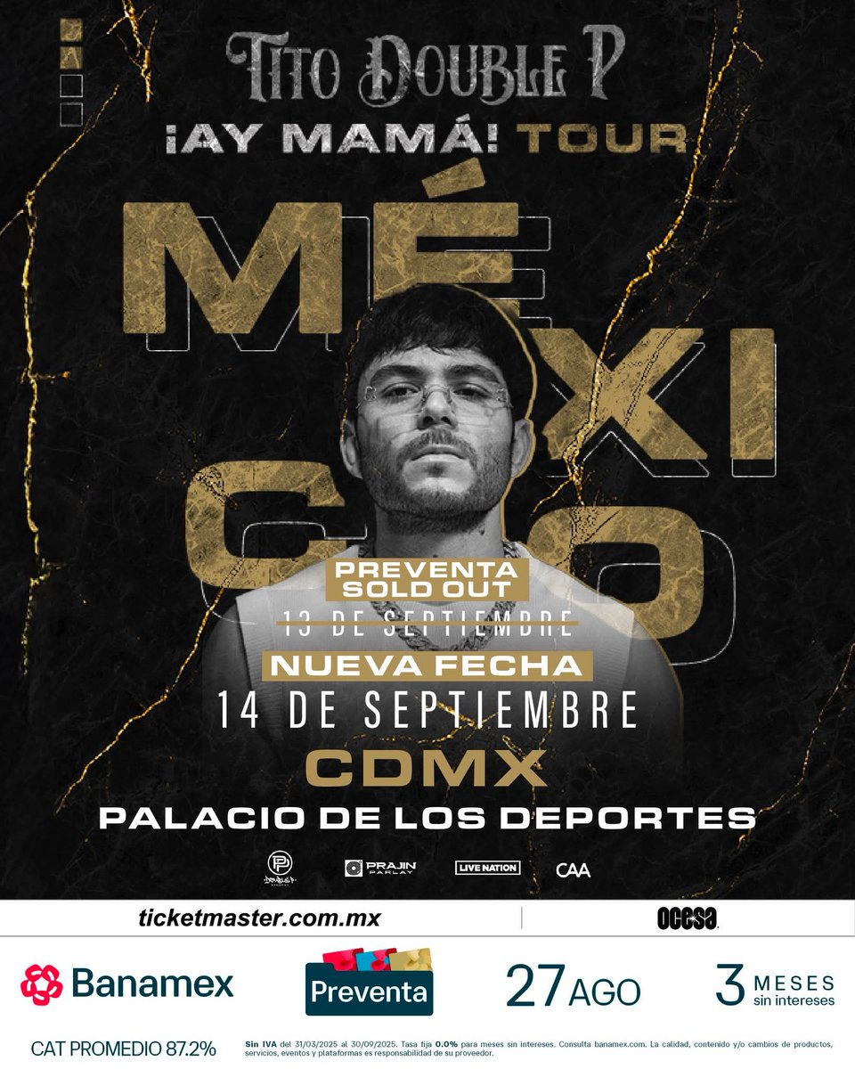Indiecosoficial's tweet photo. Una fecha no es suficiente para ver a @titodoublep en el Palacio de los deportes.
La nueva cita será el 14 de septiembre y ya puedes adquirir tus boletos.
#titodoublep #doublep #aymama #aymamatour #doubleprecords #ocesa https://t.co/BIv3QMW2Qk