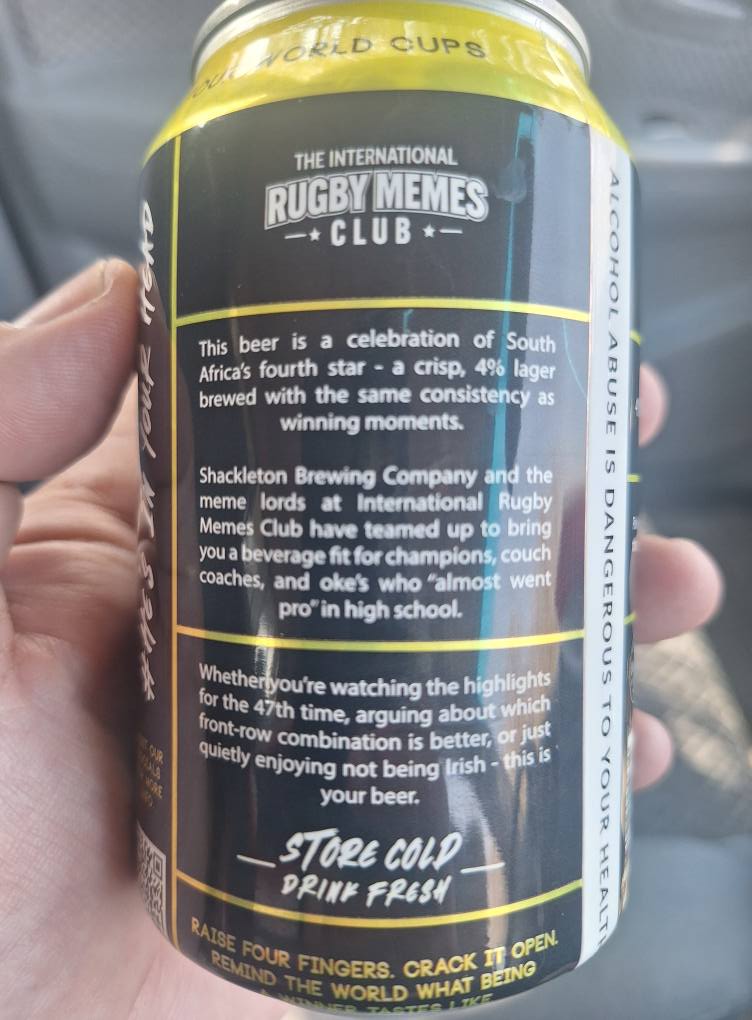 rugbymemesclub's tweet image. 🚀Join us for the launch of Four World Cups Lager
Date - Friday 29th August 2025
Time - 2pm till Late
Where - Shackleton Brewing Company, 23 Transvaal Street, Paarden Eiland, Cape Town

#rugby #beeer #banter #internationalrugbymemesclub #shackletonbrewing #fourworldcups