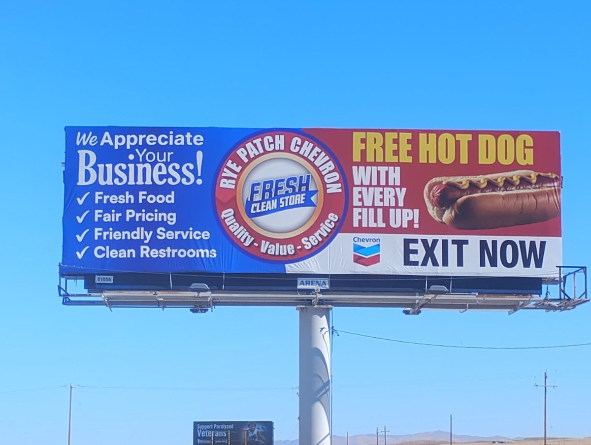 Business Spotlight: Rye Patch Chevron, in Rye Patch, Nevada, is currently offering a free hot dog with every fill up. Stop in today! arenaoa.com/gallery
