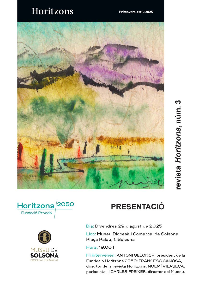 Fundació Privada Horitzons 2050 (@horitzons2050) on Twitter photo VENIU!! Demà divendres al <a href="/museusolsona/">Museu de Solsona</a> presentem la revista Horitzons. Parlarem d’aquest projecte, de la fundació que l’edita, de Solsona, del país i dels horitzons. US ESPEREM amb <a href="/Antoni_Gelonch/">Antoni Gelonch</a> <a href="/francesccanosa/">Francesc Canosa Farran</a> <a href="/noevilaseca/">Noemí Vilaseca</a> i <a href="/carlesfreixes/">Carles Freixes Codina</a> VENIU!! Demà divendres al <a href="/museusolsona/">Museu de Solsona</a> presentem la revista Horitzons. Parlarem d’aquest projecte, de la fundació que l’edita, de Solsona, del país i dels horitzons. US ESPEREM amb <a href="/Antoni_Gelonch/">Antoni Gelonch</a> <a href="/francesccanosa/">Francesc Canosa Farran</a> <a href="/noevilaseca/">Noemí Vilaseca</a> i <a href="/carlesfreixes/">Carles Freixes Codina</a>