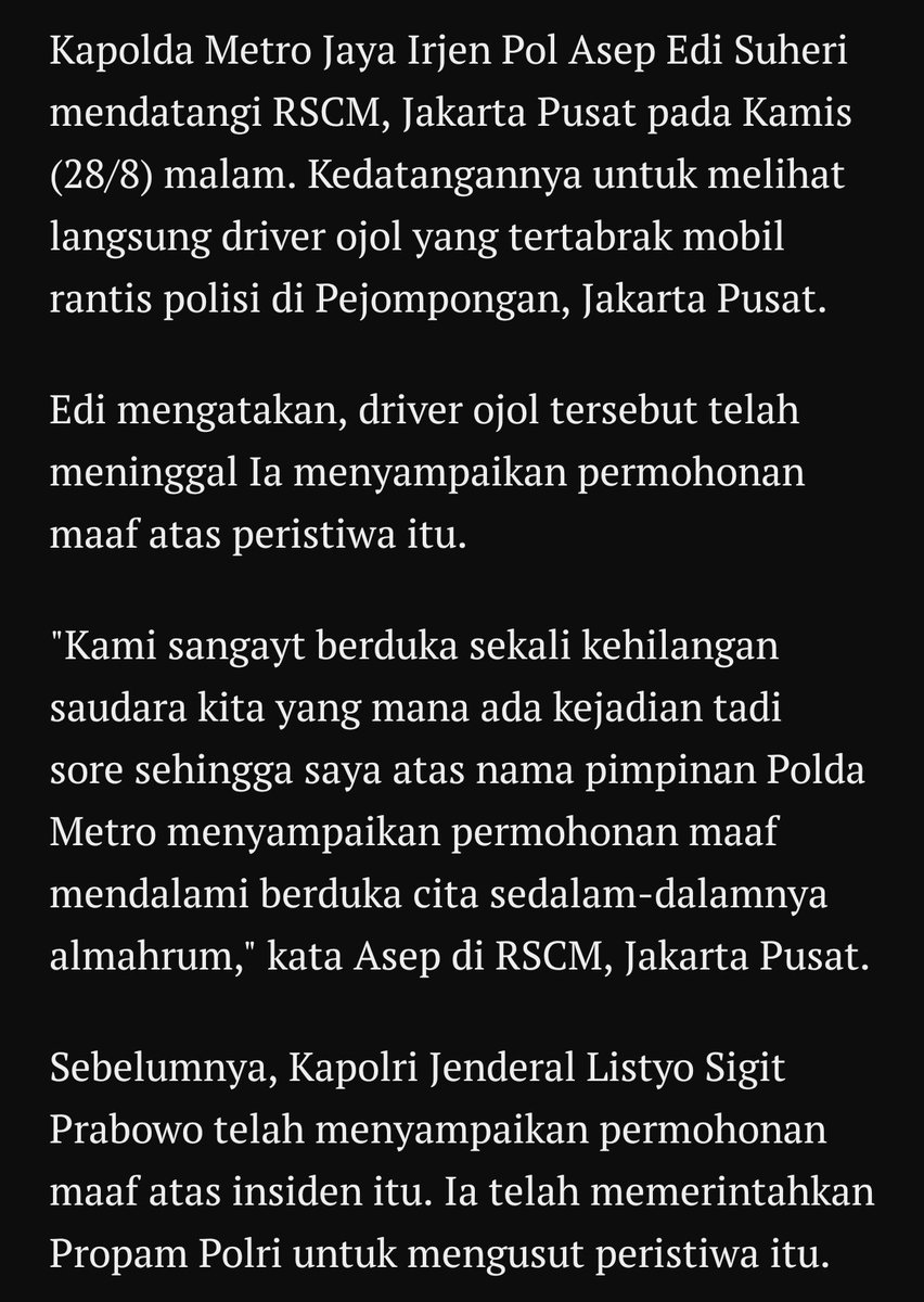 Innalillahi wa innailaihi rojiun.. 🥀

Affan Kurniawan meninggal ditabrak, dilindas berkali-kali, dan dibunuh tanpa ampun oleh polisi.  Hari ini Affan, besok bisa siapapun. 

Jangan diam. Jangan lupa. Jangan maafkan.