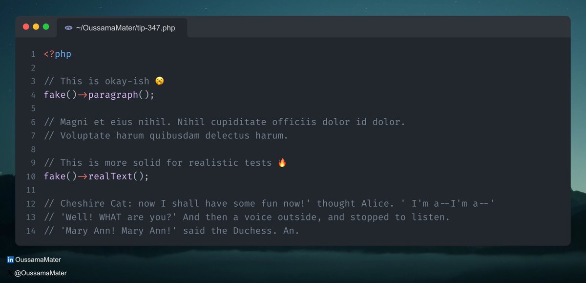 Laravel Tip 💡: Generate Realistic Test Sentences

Since Laravel uses FakerPHP under the hood, you can use "realText" to generate more realistic sentences for your tests instead of predictable dummy ones 🚀

#laravel