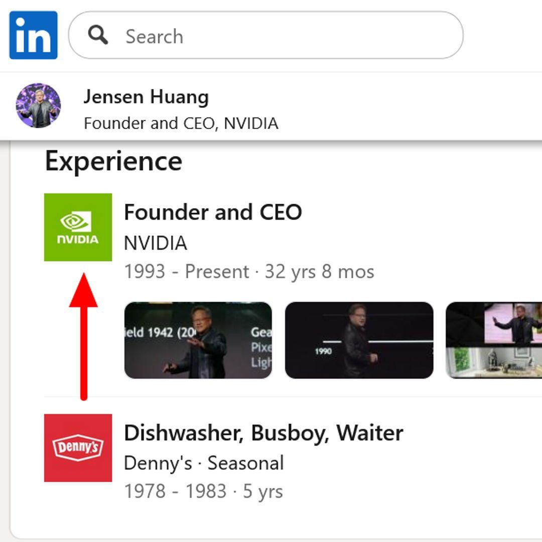The CEO of NVIDIA (Jensen Haung) LinkedIn "Experience" section 😅
