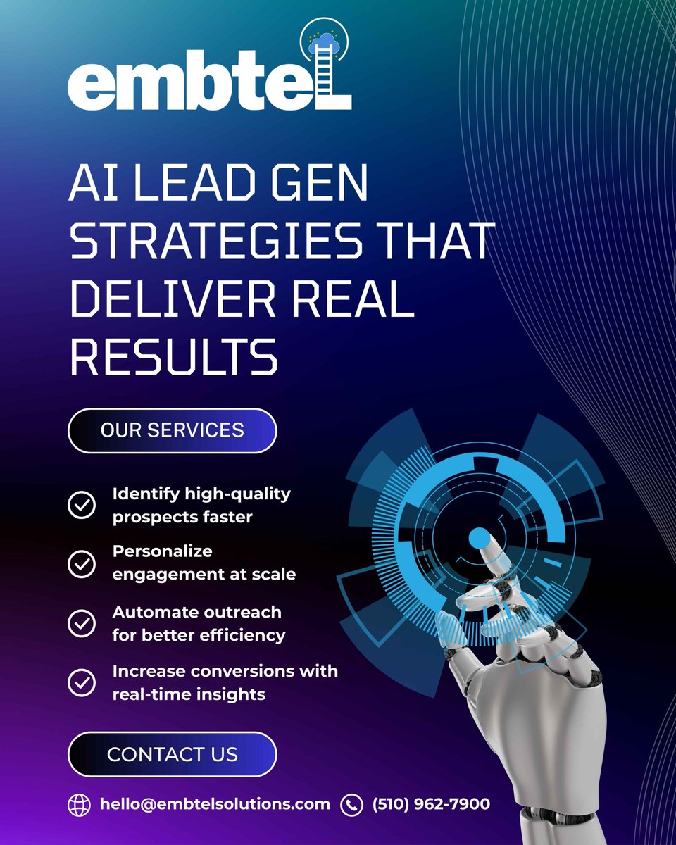 embtelsolutions's tweet image. AI Lead Gen Strategies That Deliver Real Results
In today’s market, the right leads matter more than ever. With AI, you can:
🔹 Personalize at scale
🔹 Automate outreach
🔹 Boost conversions
📞 (510) 962-7900 | 🌐 embtelsolutions.com
#EmbtelSolutions #AI #LeadGeneration