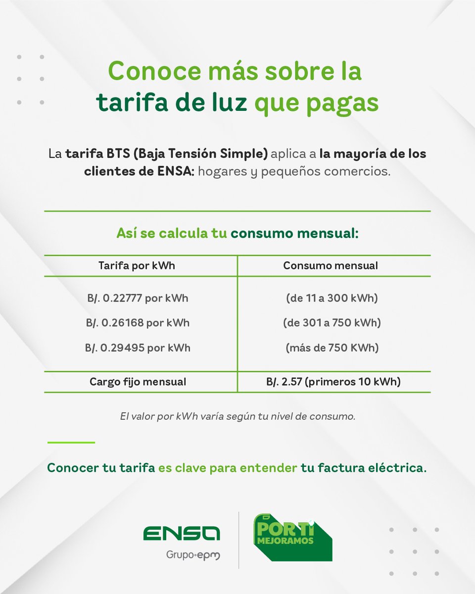 📊 ¿Sabías que la mayoría de nuestros clientes usan la tarifa BTS?

💡 Es ideal para hogares y pequeños negocios con consumo menor a 15 kW.

Fácil, justa y adaptada a ti.

Conoce tus opciones y elige lo que más te conviene.

¡En ENSA, por ti mejoramos!

#PorTiMejoramos #ENSA