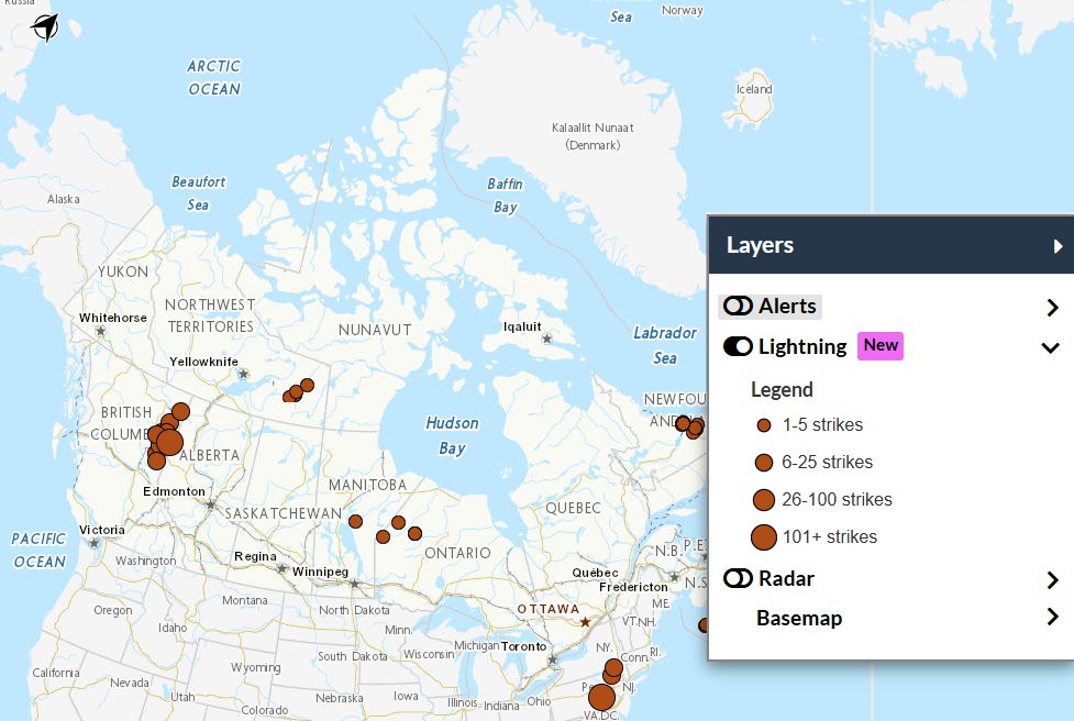 environmentca's tweet image. The lightning layer is also available on the detailed #weather map at: Canada.ca/weather

Active alerts, radars and more — all in one place.