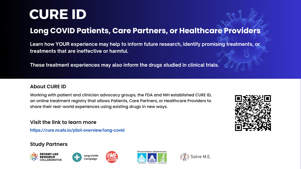 Patient-Led Research Collaborative (@patientled) on Twitter photo CURE-ID is reopening the #LongCovid treatment survey! Please make a new report if you haven’t, or update your existing one. They particularly need:
a) Treatments that *haven’t* worked
b) Newer treatments (monoclonals etc)
c) More data overall, to find significance in analysis 1/ CURE-ID is reopening the #LongCovid treatment survey! Please make a new report if you haven’t, or update your existing one. They particularly need:
a) Treatments that *haven’t* worked
b) Newer treatments (monoclonals etc)
c) More data overall, to find significance in analysis 1/