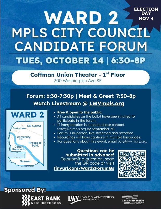 The East Bank Current • Newsletter for September 2025

Featuring: East Bank Bike Tour! Renter's Rights Forum! Quarterly Meeting of the Neighborhoods! Como Cookout! 3 Upcoming City Council Candidate Forums! Environmental Stewardship! MORE MORE MORE!

mailchi.mp/eastbankmpls/e…