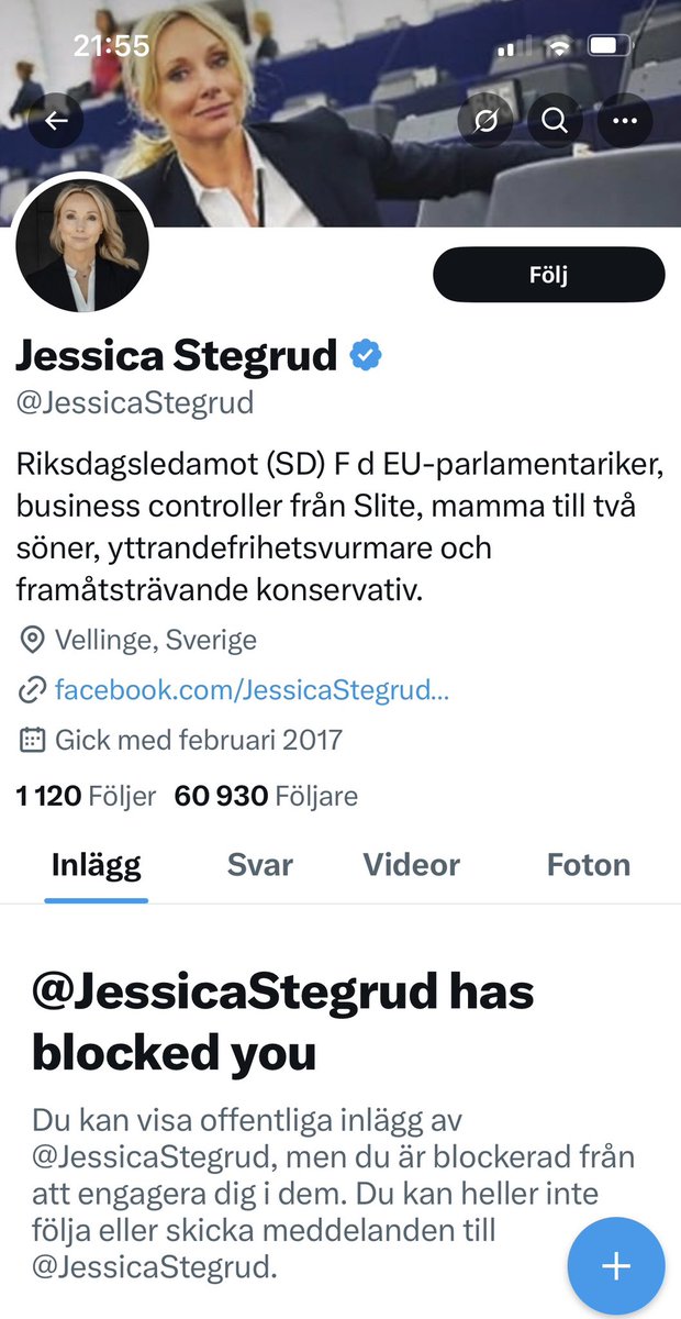 Blockad av Stegrud! Då har jag skrivit någon kommentar som retat henne! Hon har med andra ord blivit ägd. Utmärkt!