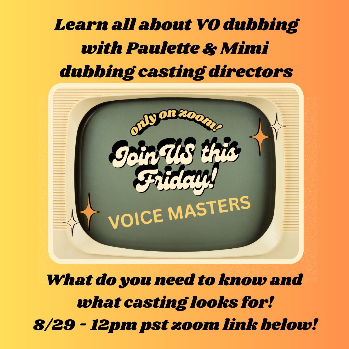 VOMasters's tweet image. Want to break into voiceover dubbing? Join Paulette & Mimi from Voice Masters for a FREE seminar on VO dubbing!
📅 Friday 8/29
🕛 12pm PST
💻 Live on Zoom → bit.ly/TALESFROMTHEBO…
#VoiceOver #Dubbing #Casting #VoiceMasters #FreeSeminar