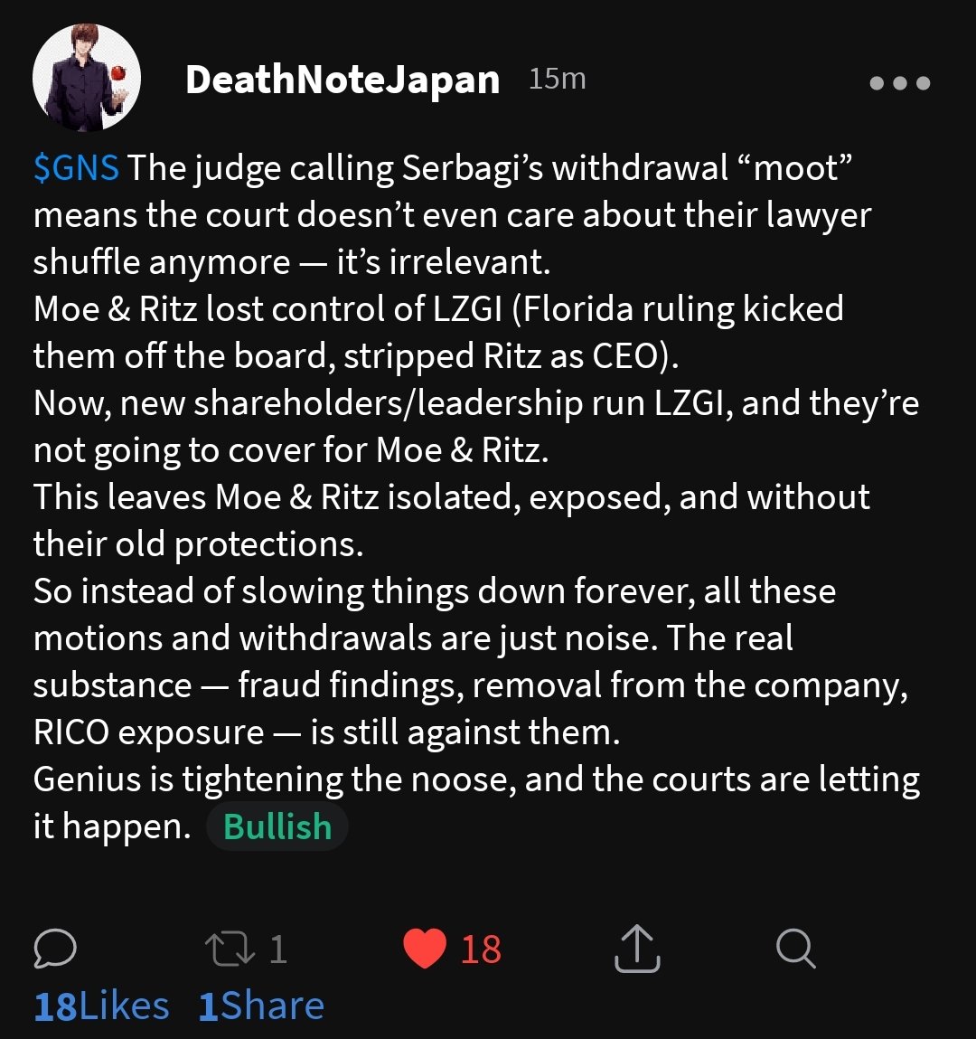 <a href="/Malone_Wealth/">Kevin Malone</a>  <a href="/rogerhamilton/">Roger James Hamilton</a>  <a href="/xMarketNews/">X Market News🚨</a>  $gns huge update  from KK  once again. Moe and Ritz are fuked.