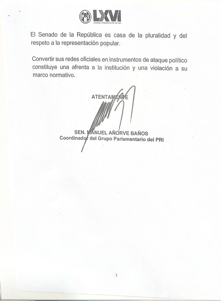 Ante el uso faccioso y tendencioso de las redes sociales oficiales del <a href="/senadomexicano/">Senado de México</a>, en el <a href="/PRI_Nacional/">PRI</a> exigimos:

1.⁠ ⁠Que se retire de inmediato la publicación que criminaliza a la oposición.
2.⁠ ⁠Que la Mesa Directiva instruya a la Coordinación de Comunicación Social a
