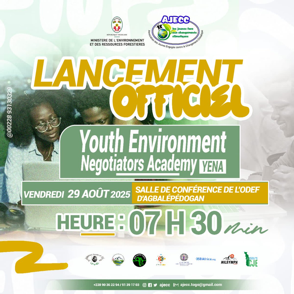 <a href="/AJECC4/">AJECC</a> et ses partenaires vous donnent rendez-vous ce vendredi 29 Août 2025 à partir de 7h30 pour le lancement officiel de la Youth Environmental Negotiators Academy (YENA).

Lieu : salle de conférence de l'ODEF d'Agbalépédo

#YENA