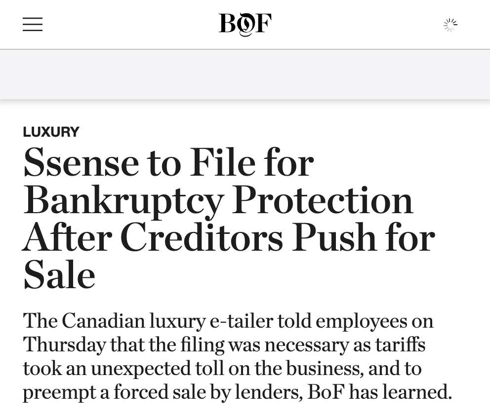 dieworkwear's tweet photo. Trump's tariffs causes SSENSE to file for bankruptcy protection. Devastating to small designers, as SSENSE is an important retailer for them. https://t.co/m8AHA40177