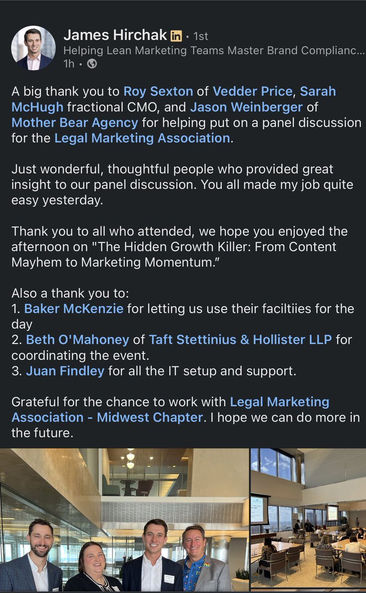 A couple of lovely posts following yesterday’s LMA Midwest Region #Chicago LSC lunch-and-learn panel discussion “The Hidden Growth Killer: From Content Mayhem to Marketing Momentum.” <a href="/LMAMidwest/">LMA Midwest Region</a> <a href="/LMAintl/">LMA International</a>