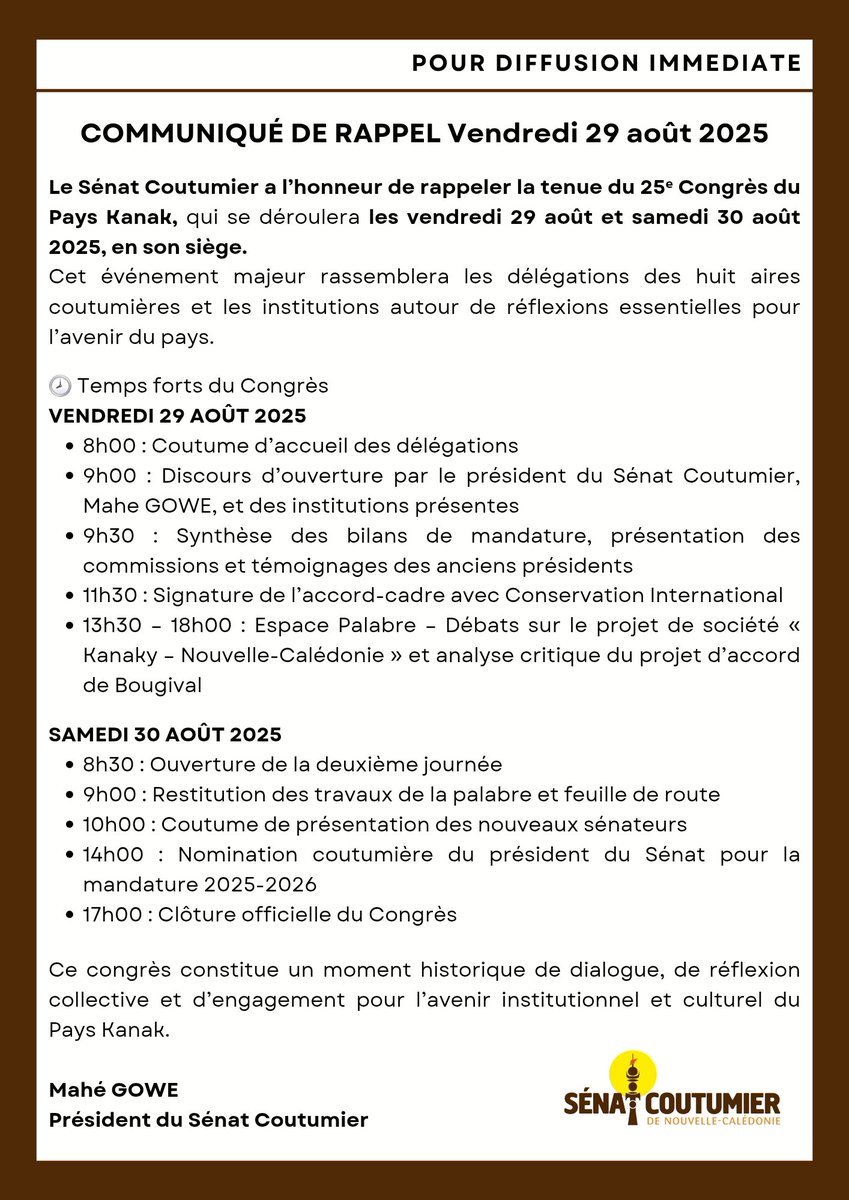 📣 25ᵉ Congrès du Pays Kanak
📅 29-30 août 2025
📍 Siège du Sénat Coutumier

Un moment fort de dialogue entre les 8 aires coutumières et les institutions pour réfléchir à l’avenir institutionnel et culturel du Pays Kanak.

#PaysKanak #CongrèsKanak #SénatCoutumier