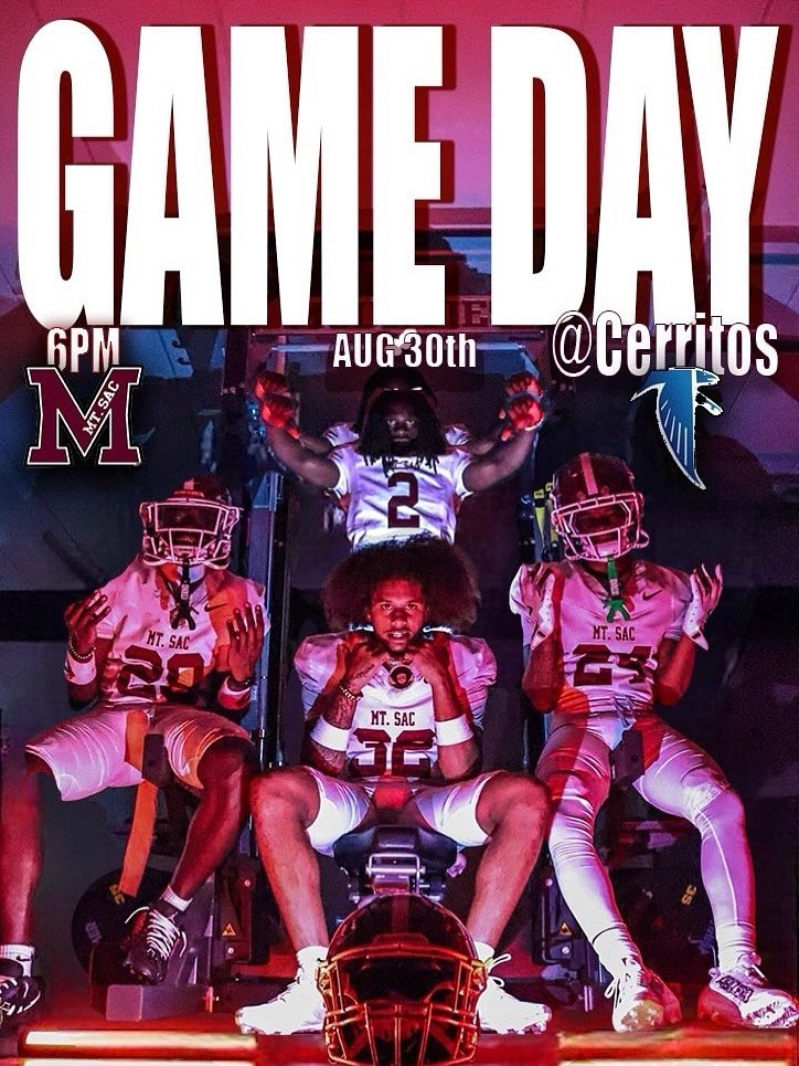 The wait is over. Mt. SAC Football returns this weekend. Season opener at Cerritos College! Kick off is at 6pm
• #born2win #sacdawgs4life #mountieup