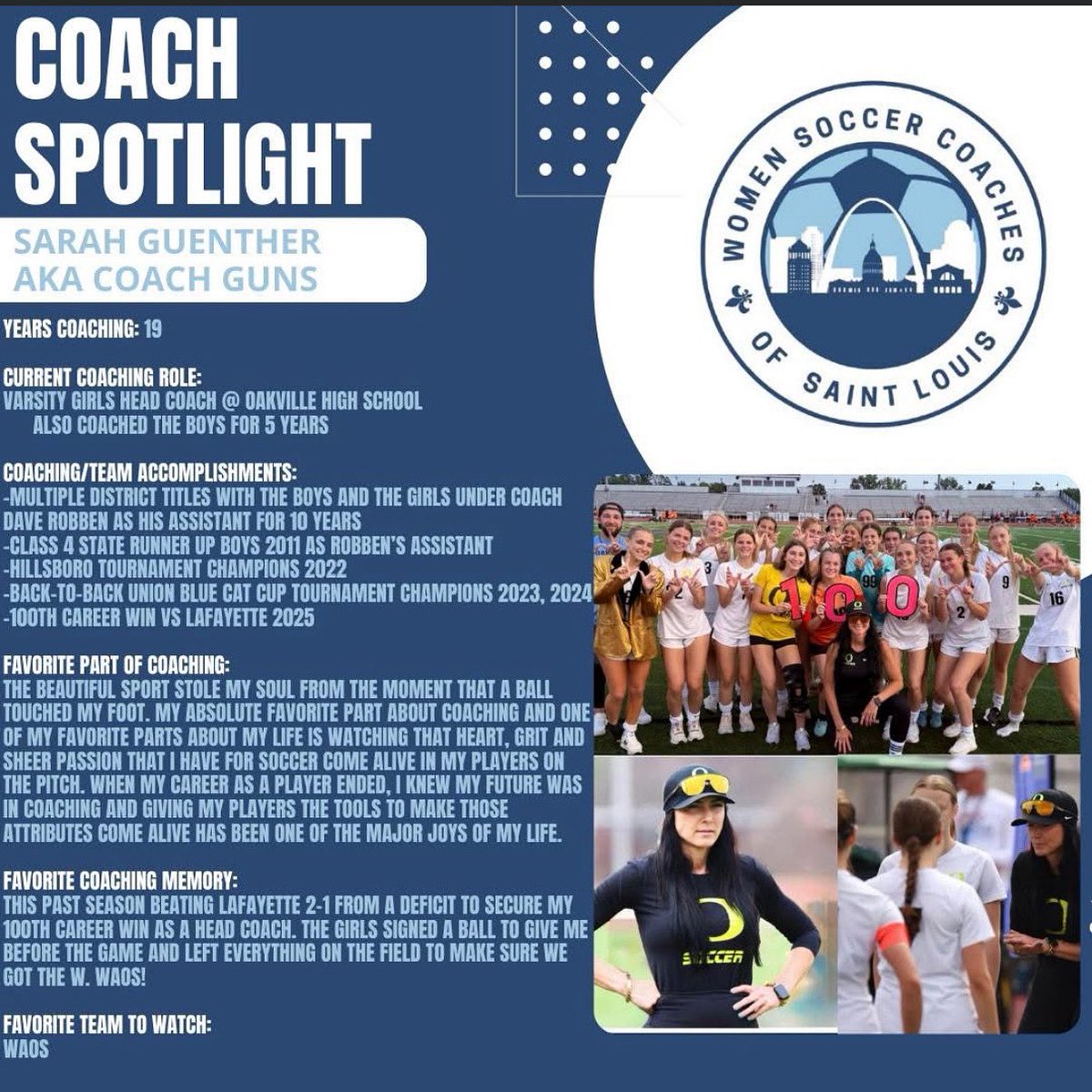 Thank you Women Soccer Coaches of STL for the very humbling Spotlight!
~
Coaching soccer has genuinely been one of the greatest joys and privileges of my life🙏
~
#soccer #soccercoach #women #coach #waos <a href="/BCzuppon/">Becky Czuppon, OHS A.D.</a>