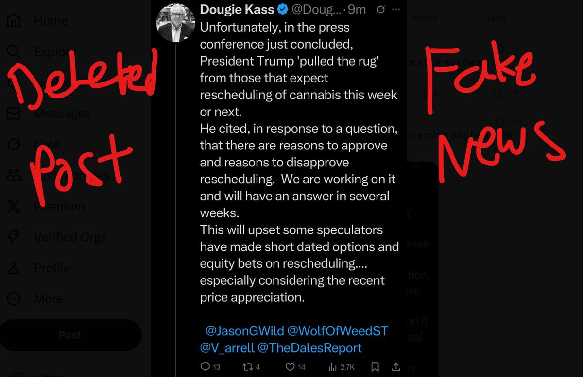 There you go 👇

Deleted Post + Fake News (Manipulation) by Doug Kass for the end of day "Bear Raid" 🐻

Doug Kass blocked me for calling out his pump &amp; dumps in the past 16 months 🤡

$MSOS $CGC $TLRY $GTBIF $TCNNF $CURLF $VRNOF